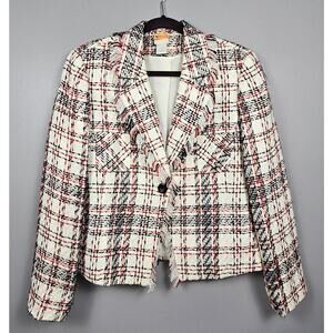 Studio C Tweed Plaid Short Blazer Jacket Ivory Black Red Frayed Trim Lined 14